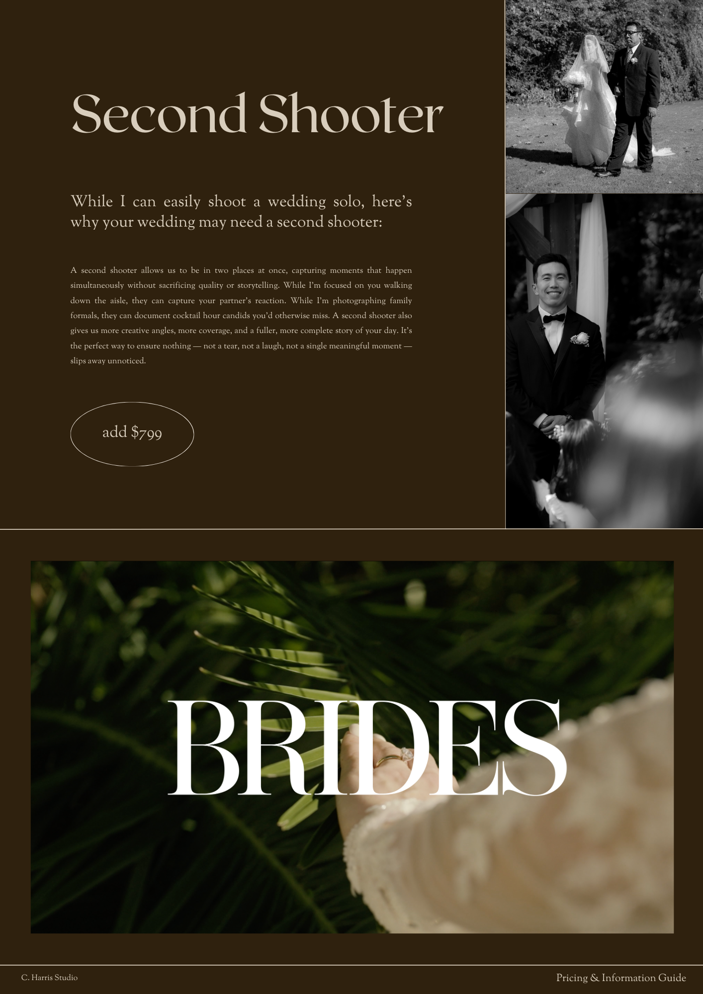 A collage of wedding photography website layouts with dark and moody aesthetics featuring text overlays and portfolio images.
