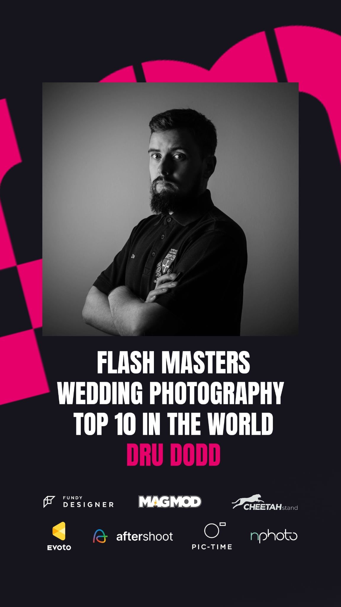 Professional photography branding banner with Flash Masters logo and sponsor icons.