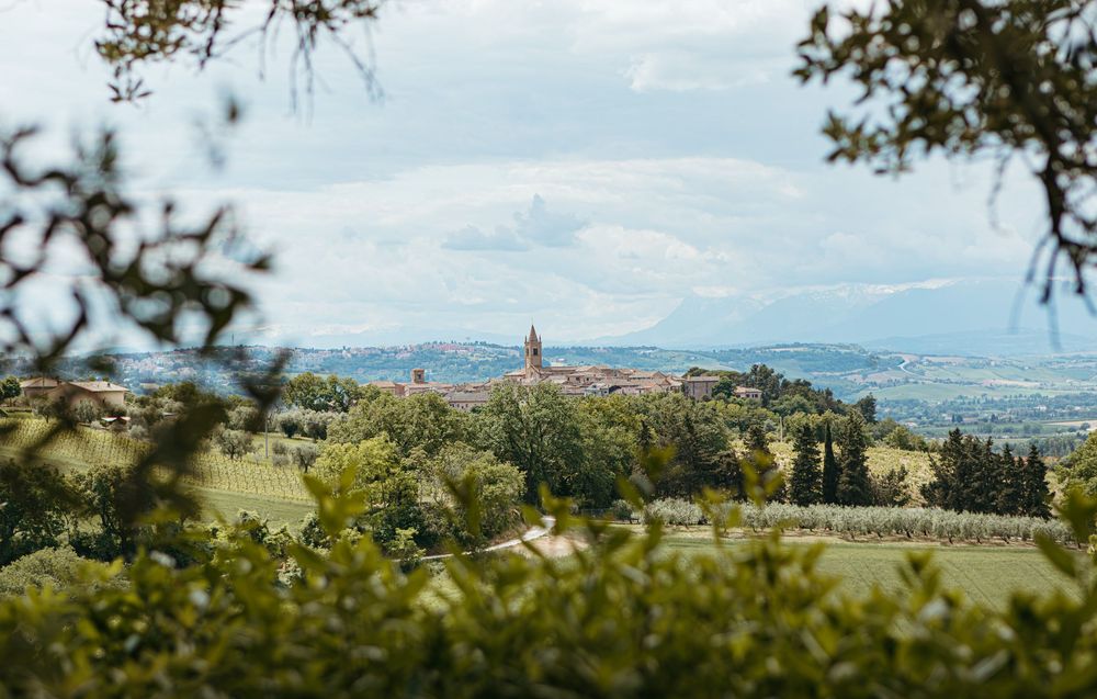 Panoramic view of a Tuscan hilltop village surrounded by lush vineyards and trees under cloudy sky.