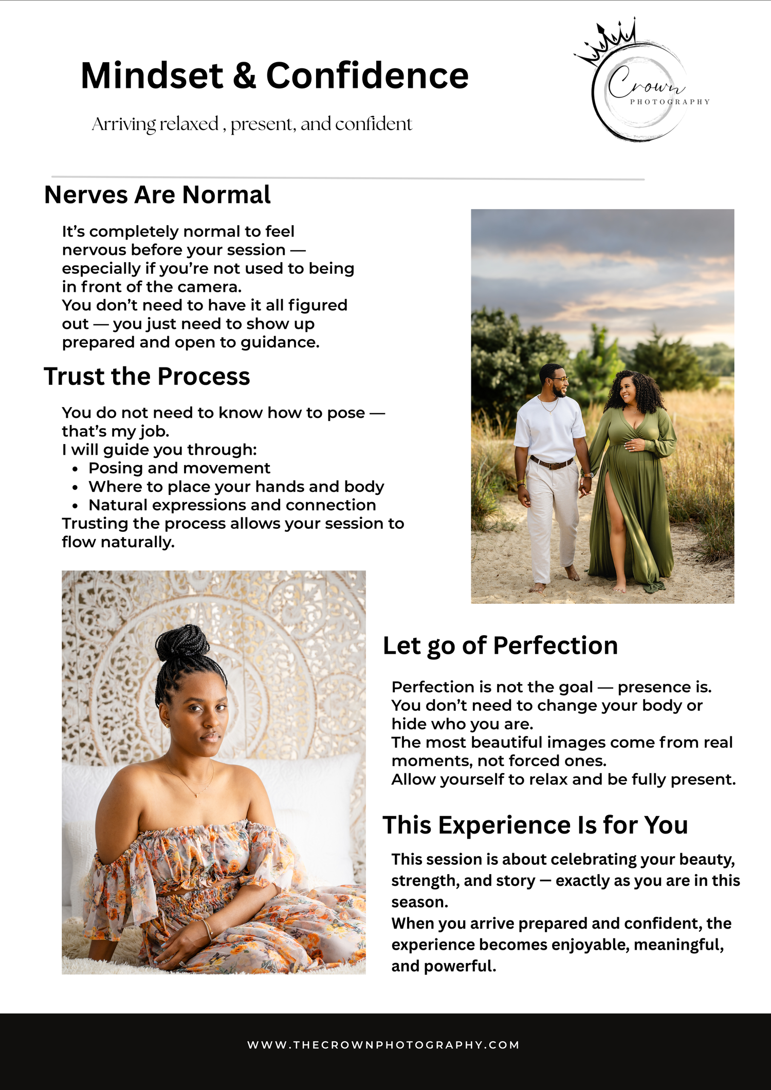 A mindset and confidence coaching infographic featuring nature photography and text about trusting the process.