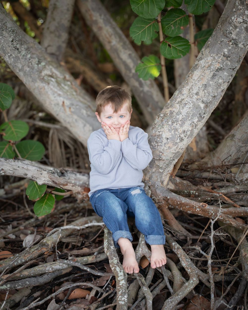 A child sits barefoot on a tree branch surrounded by green leaves and twisted branches.