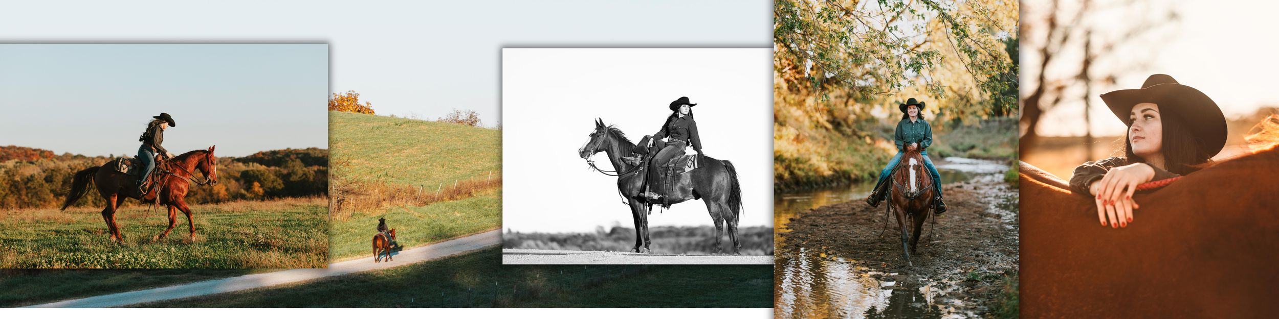 A collection of equestrian photos showing riders on horseback in various outdoor settings at sunset and daytime.