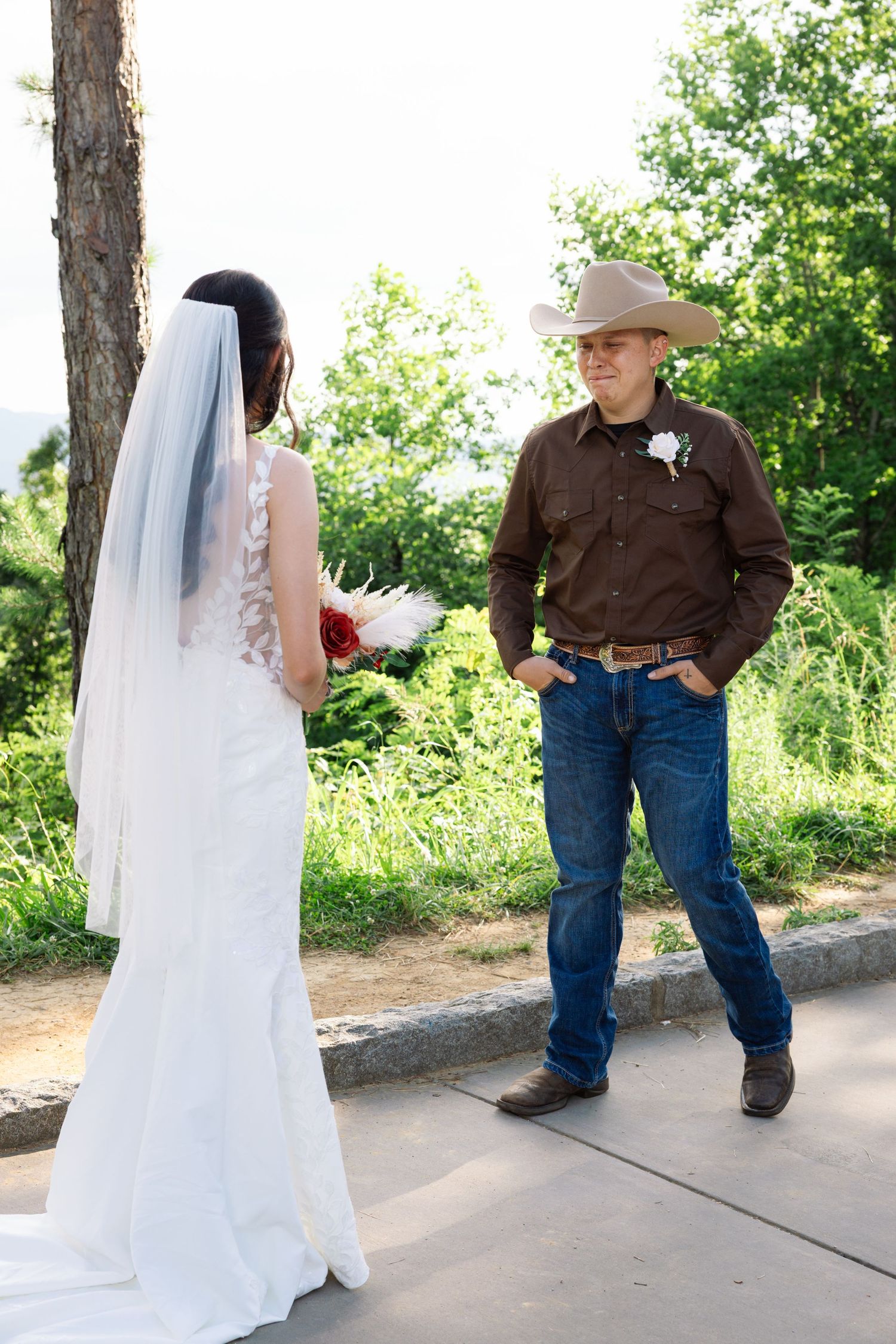 A sequence of wedding photos showing a bride and cowboy-dressed person in a playful walking sequence outdoors.