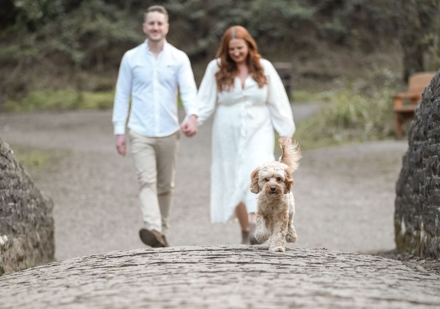 Couple walking along a path with their small dog.