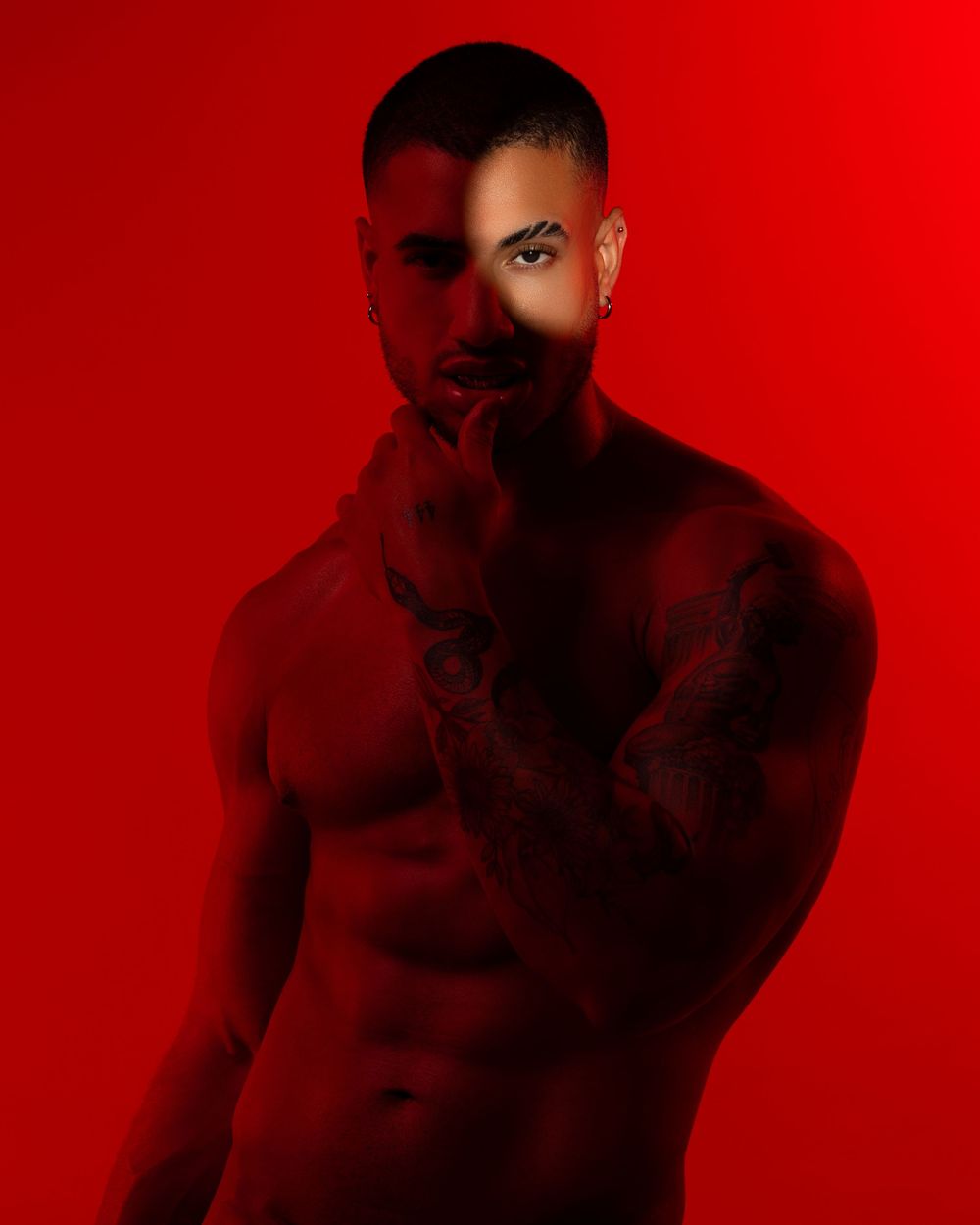 Artistic portrait photograph showing a muscular silhouette against a dramatic red backdrop with moody lighting effects.