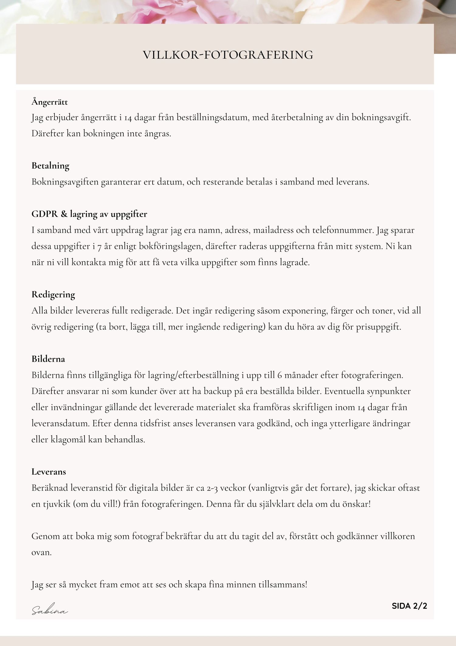 villkor för bokning av fotografering