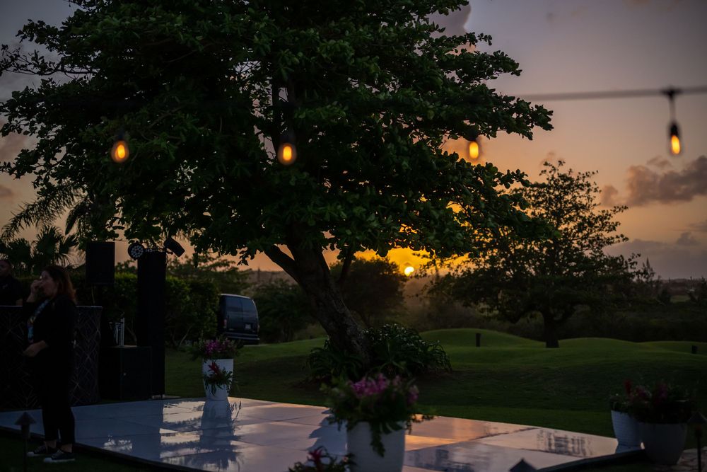 Sunset view of an outdoor wedding venue with string lights and silhouetted trees.