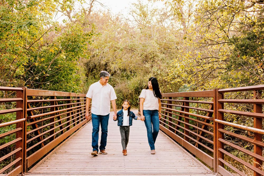 A family walks together holding hands on a wooden bridge surrounded by lush green trees in a park setting.
