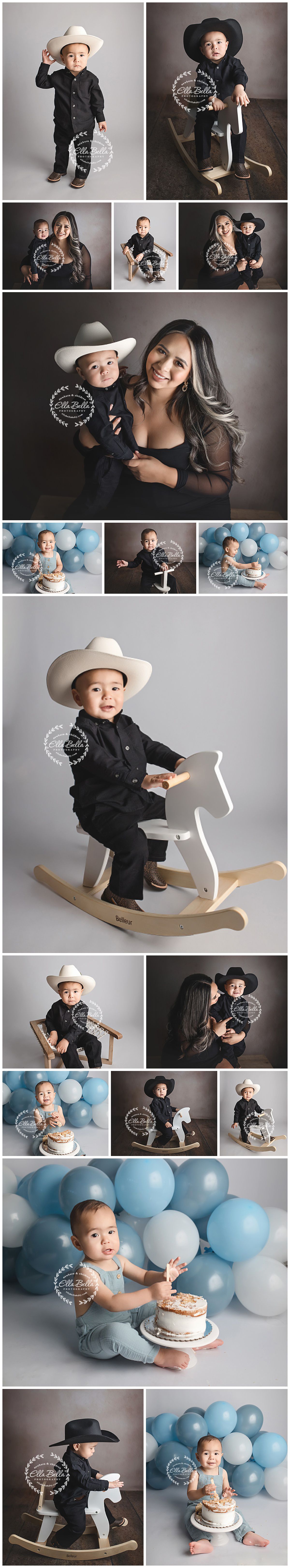 Stylish first birthday photo session featuring black western outfits, rocking horse, blue balloons and cake smash moments.