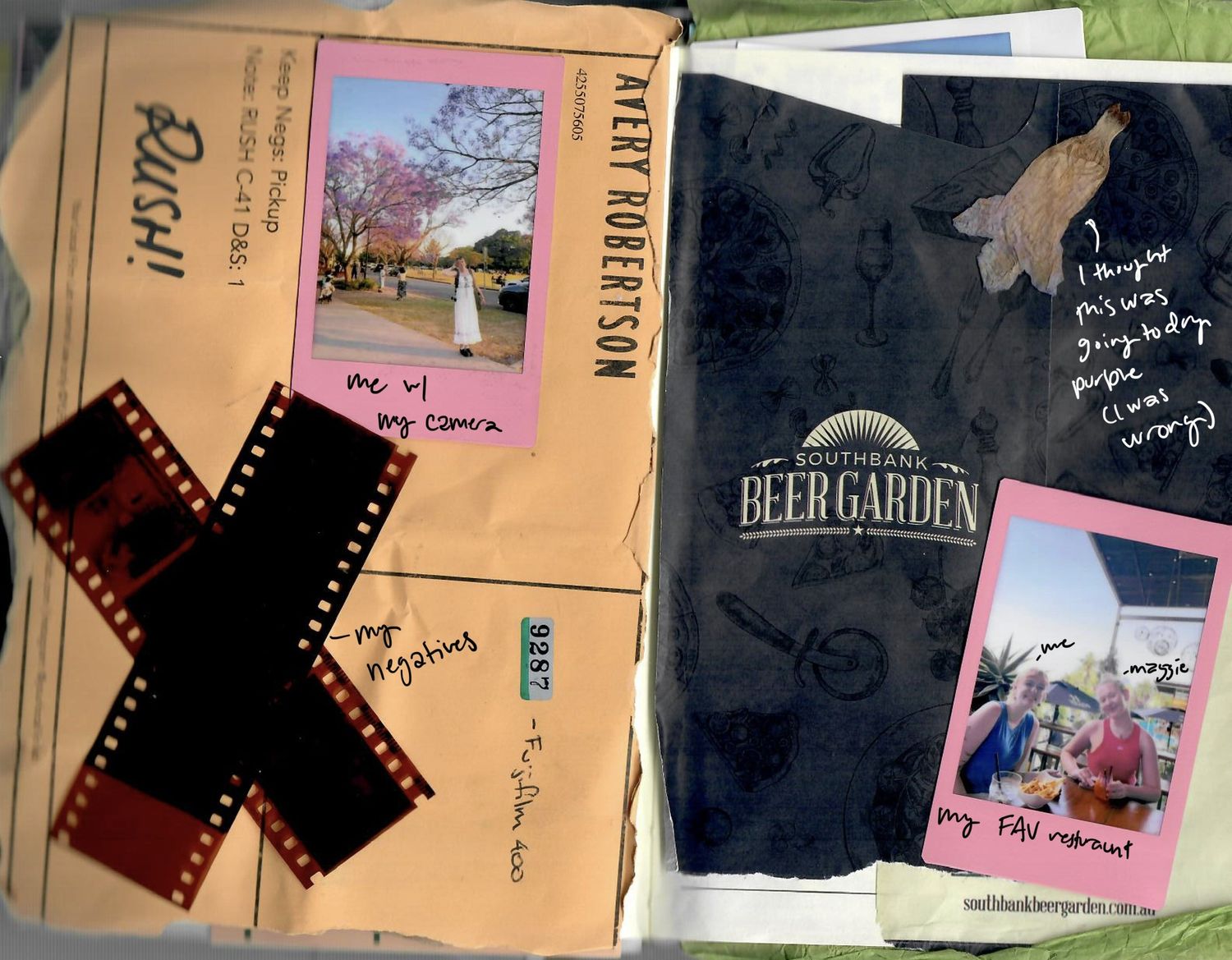 A collection of scrapbook pages and photo negatives arranged in a horizontal collage layout.