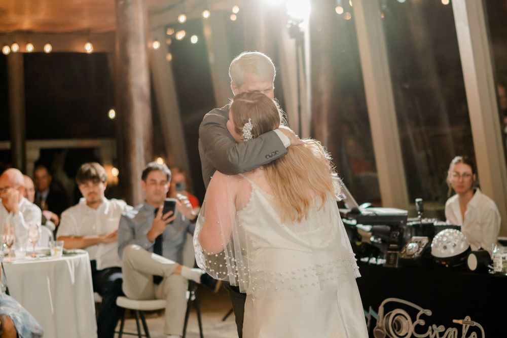 A collage of wedding reception scenes showing guests dining and dancing in an elegant venue with warm lighting.