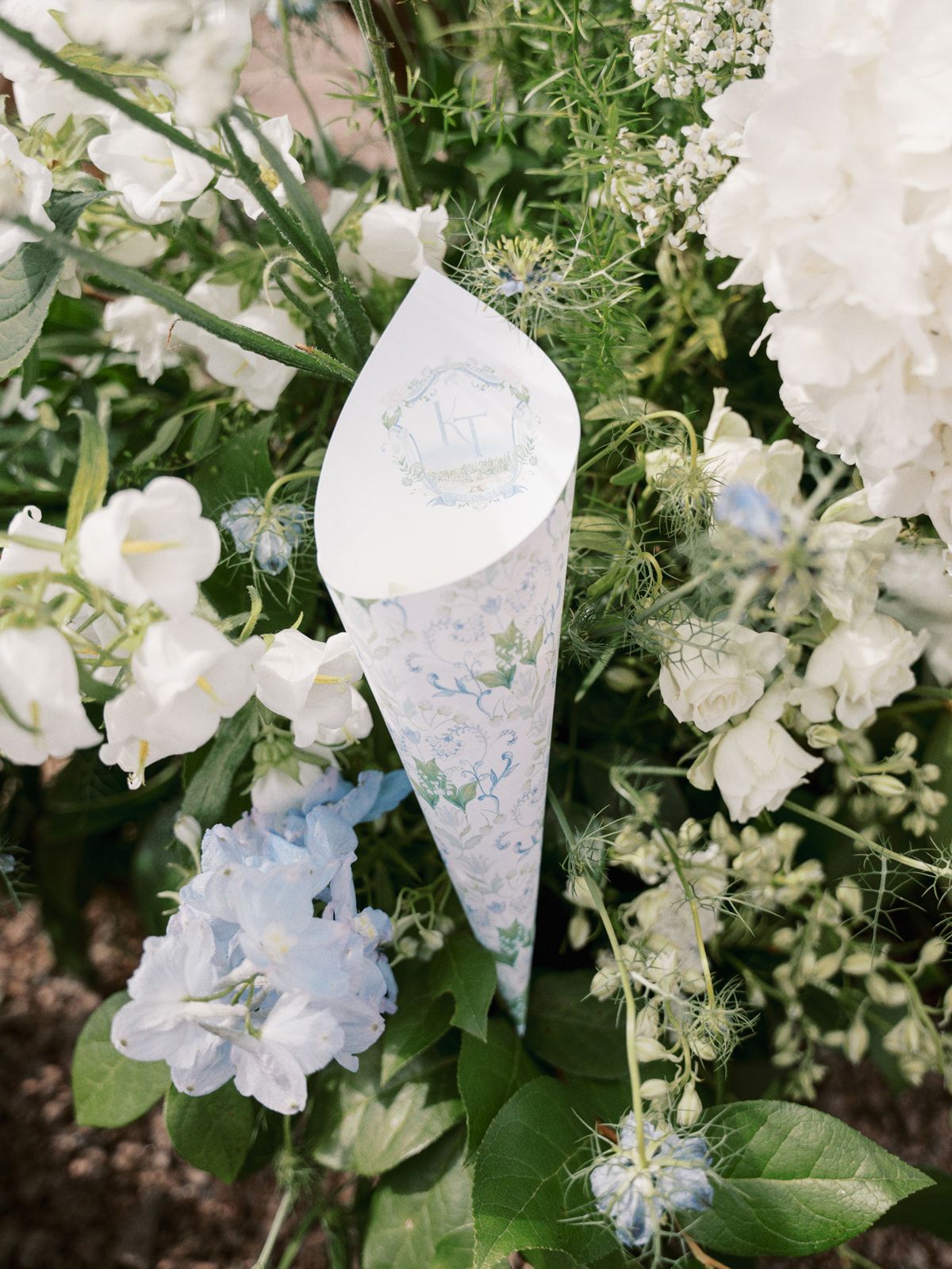 White delphinium flowers bloom against lush green foliage in a summer garden setting.