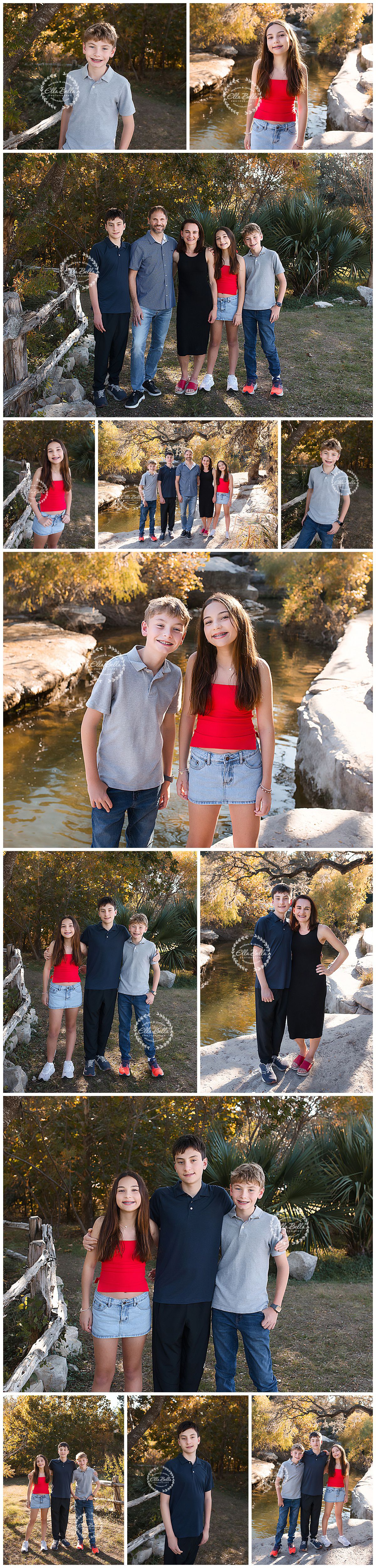 Family photo session outdoors with golden autumn lighting and natural scenery along a rocky creek bank.