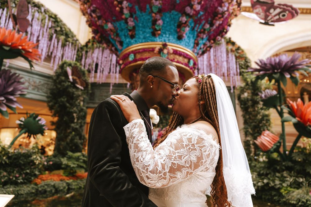 A romantic wedding couple shares intimate moments in a garden setting with multiple candid shots showing affection and joy.