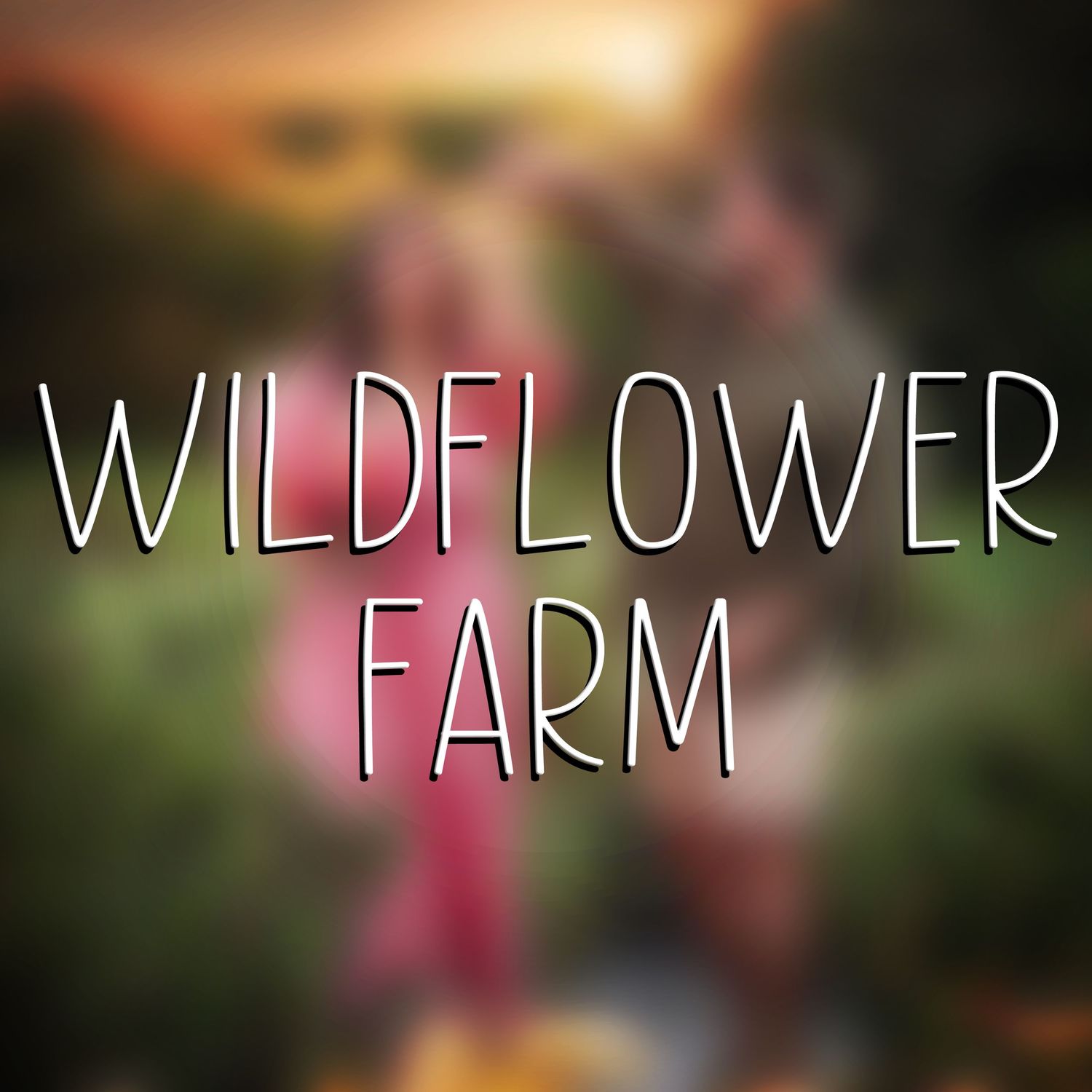 White text reading 'Wildflower Farm' overlaid on blurred natural background.