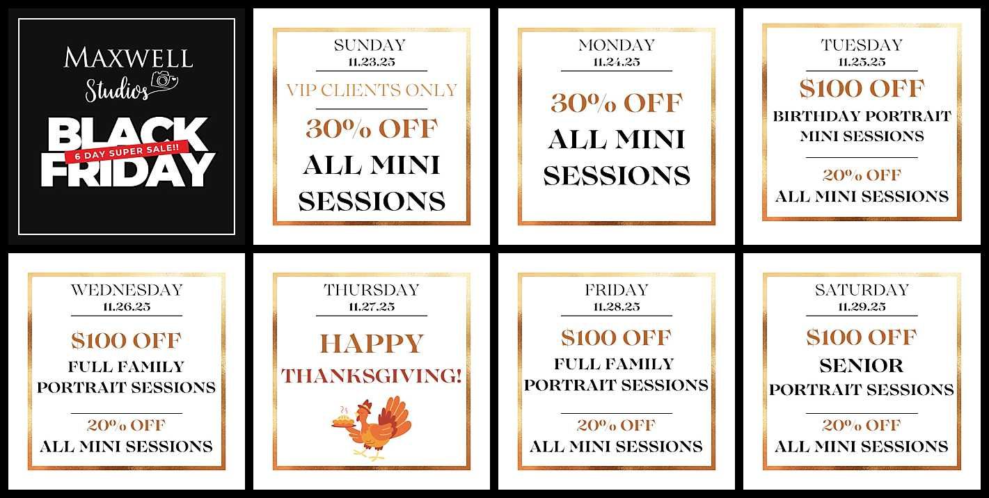 Black Friday promotional grid showing mini session discounts and holiday portrait specials.