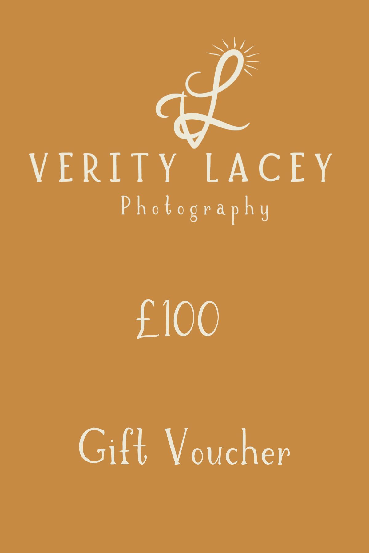 Gold-colored gift voucher design with elegant script text and photography branding elements.
