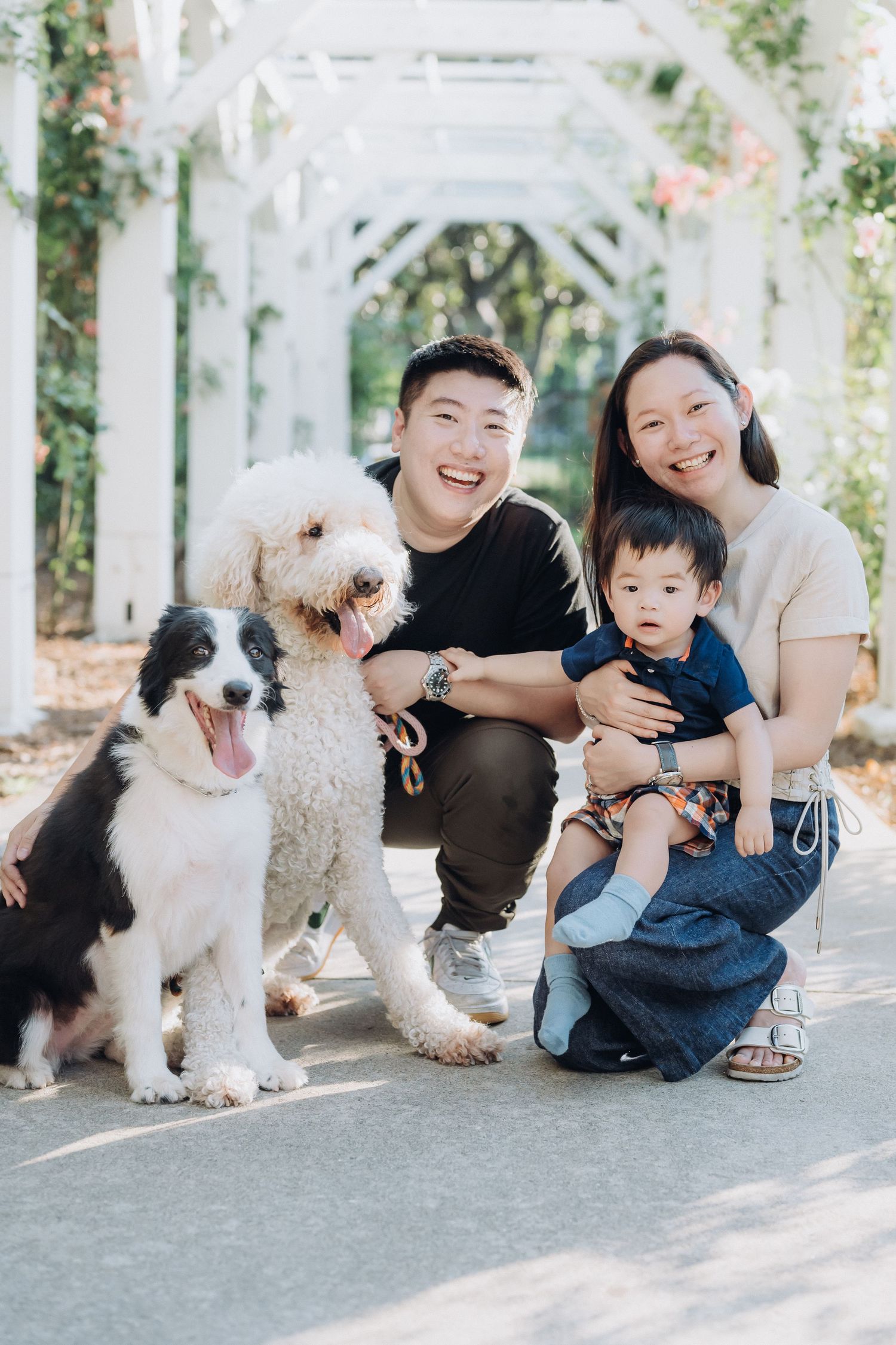 A family and their fluffy white dog pose together on a sunny pathway during an outdoor photo session.