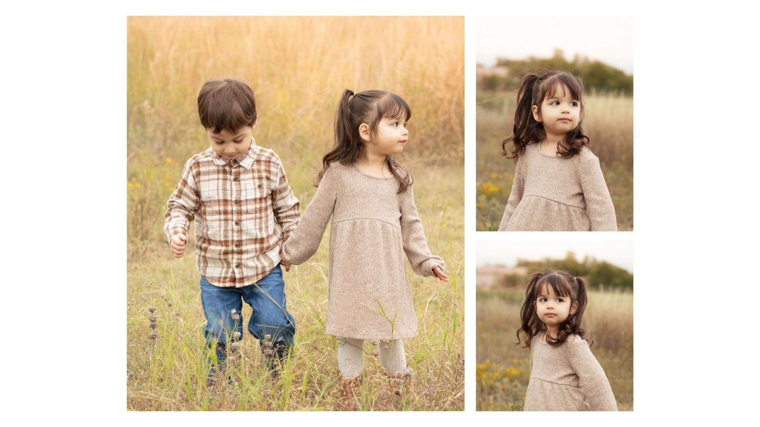 Children pose together in a field surrounded by greenery during a fall family mini photo session at Brushy Creek Lake Park TX