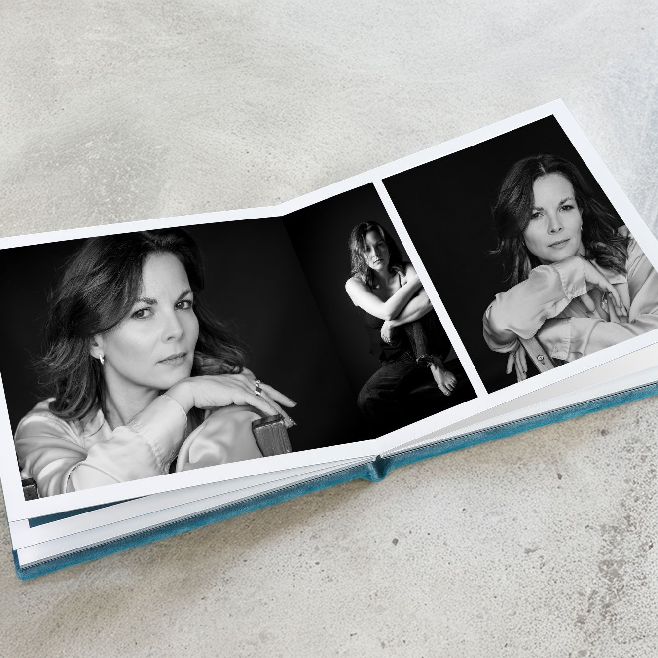 A series of black and white photo strips arranged in a row showing artistic portrait compositions.