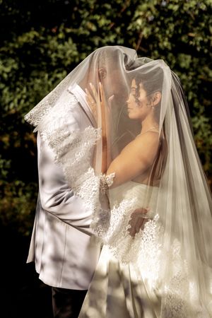An artistic wedding photo capturing intimate moments through delicate bridal veil details.