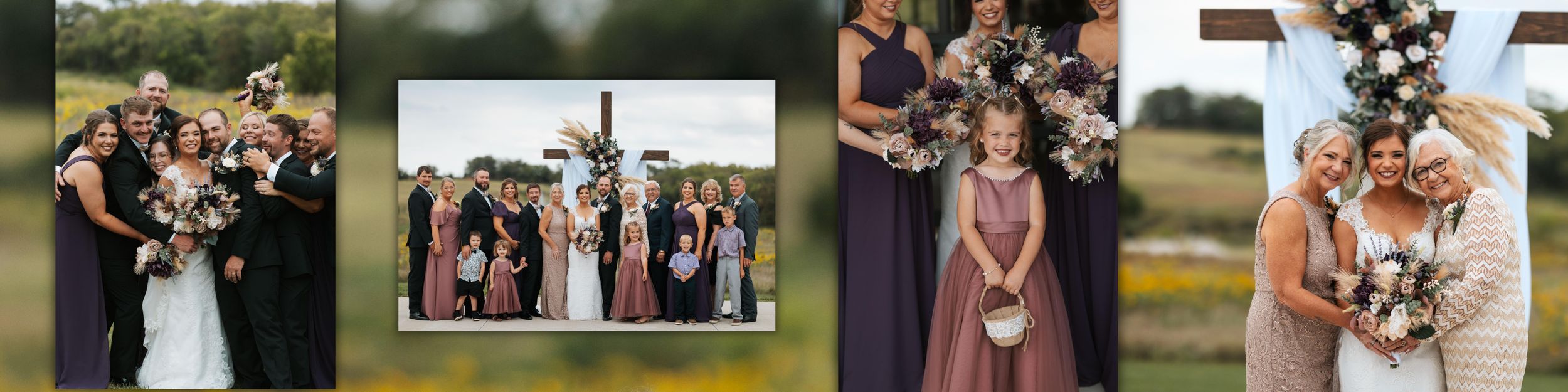 A series of wedding and engagement photos showing romantic outdoor moments and celebrations with natural lighting.