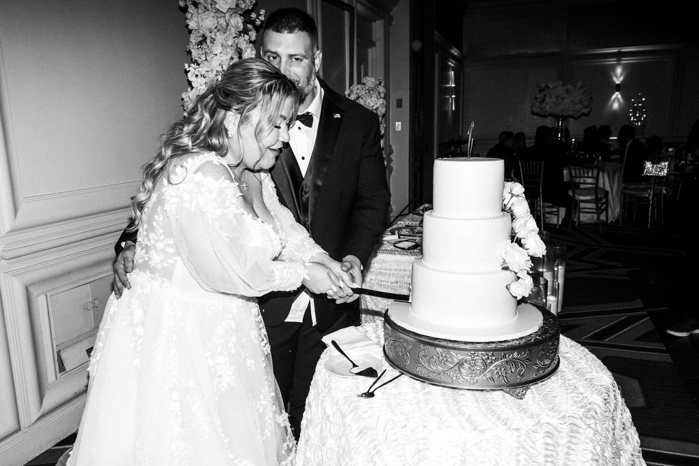 A black and white photo collage showing different moments from a wedding celebration.