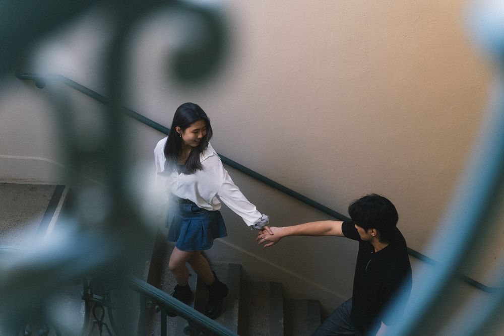 Romantic engagement-style portrait at Pasadena City Hall Los Angeles.