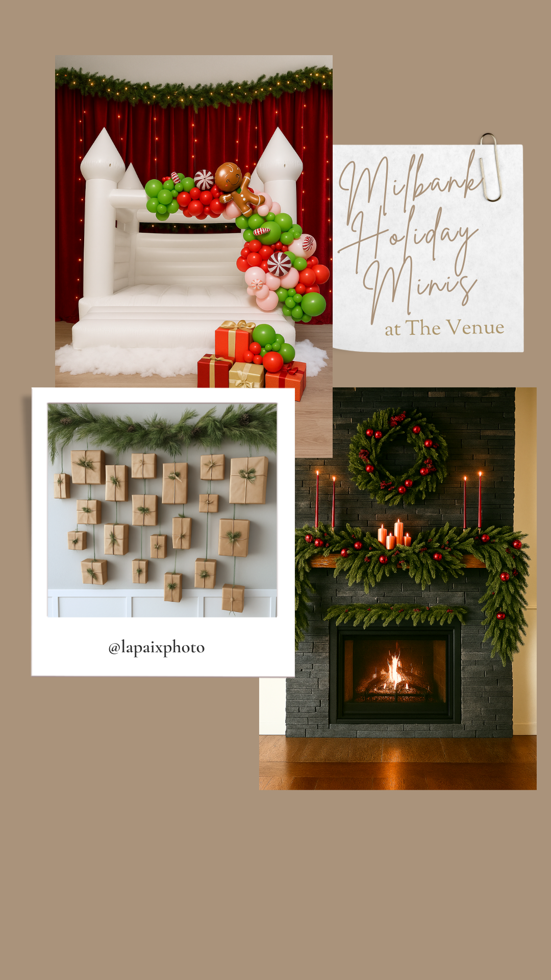 Rustic advent calendar display with numbered kraft paper bags hanging on twine with evergreen garland and holiday decor.