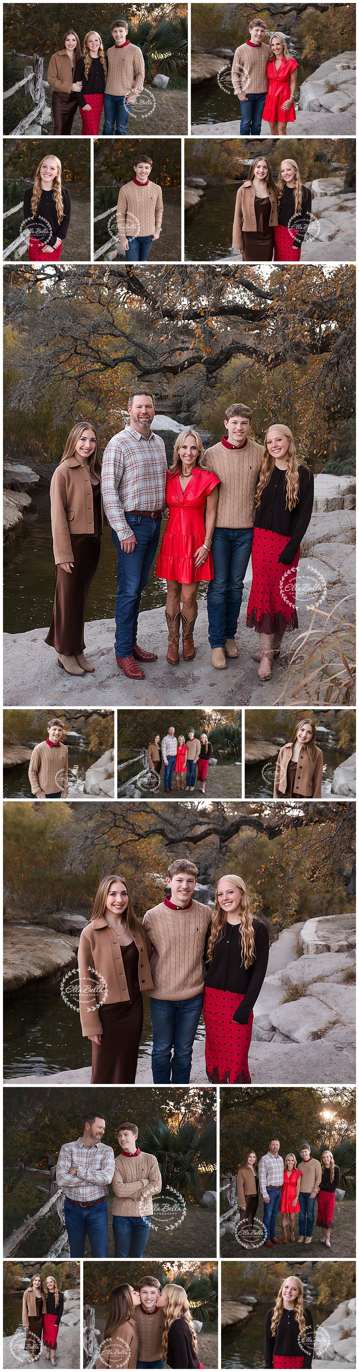 Family portrait session on rocky terrain featuring coordinated outfits in red and brown tones during autumn.