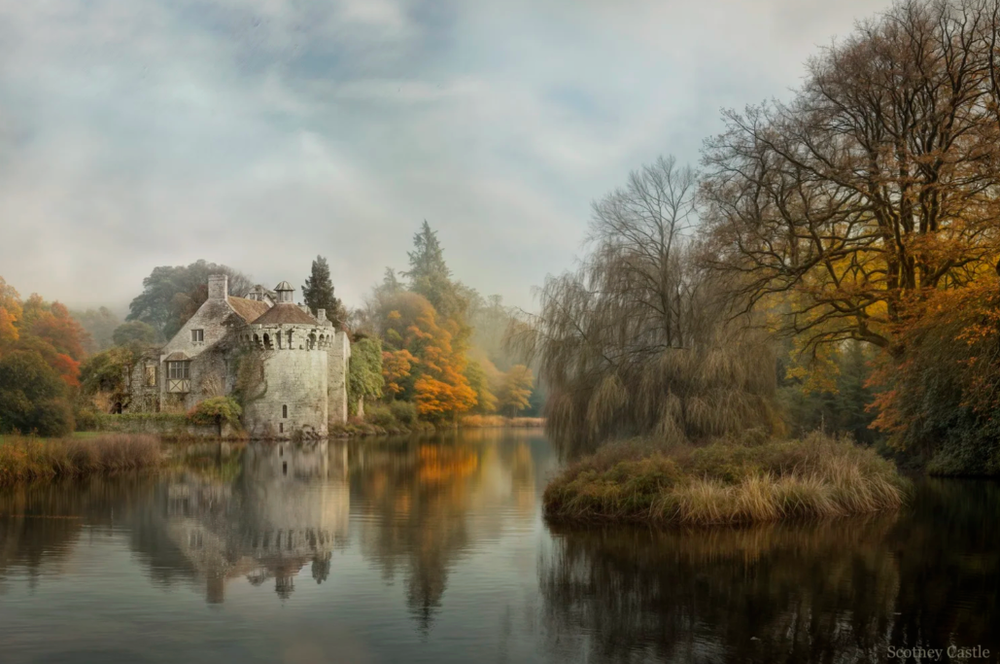 Autumn landscape with houses reflected in still water surrounded by fall foliage.