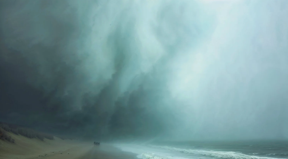 Stormy seascape with dramatic turquoise waves and moody atmosphere.