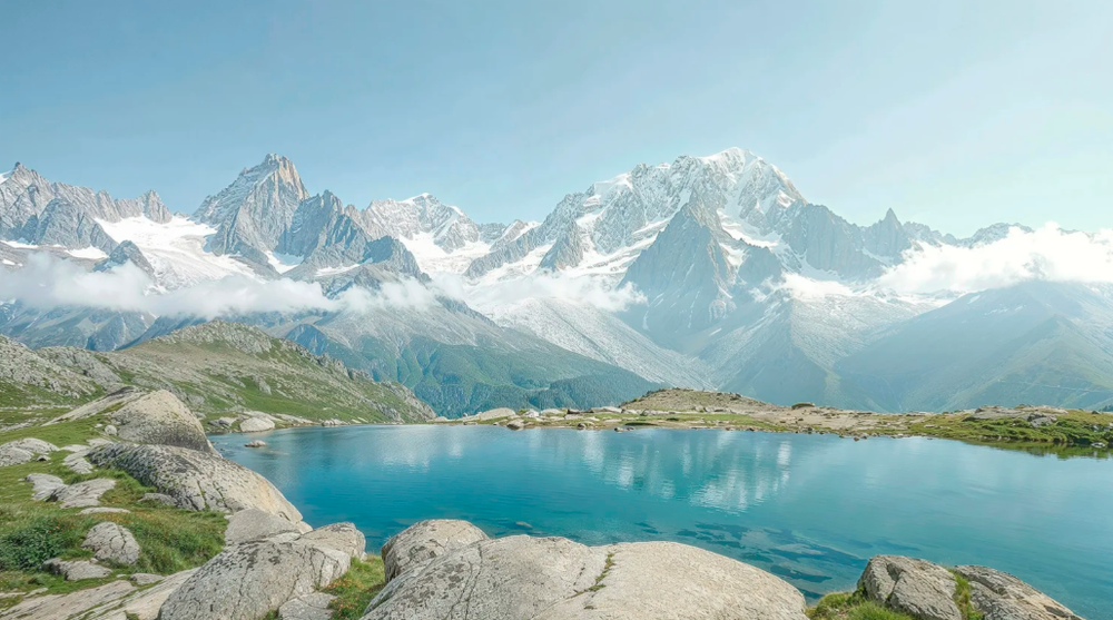 Crystal clear alpine lake reflecting snow-capped mountains under blue skies.
