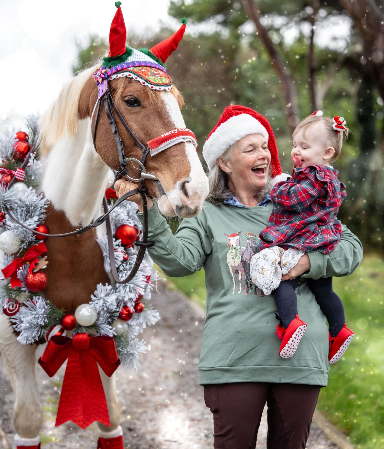A pony wearing festive red and silver holiday decorations poses with a person in a green sweater during a winter photoshoot.