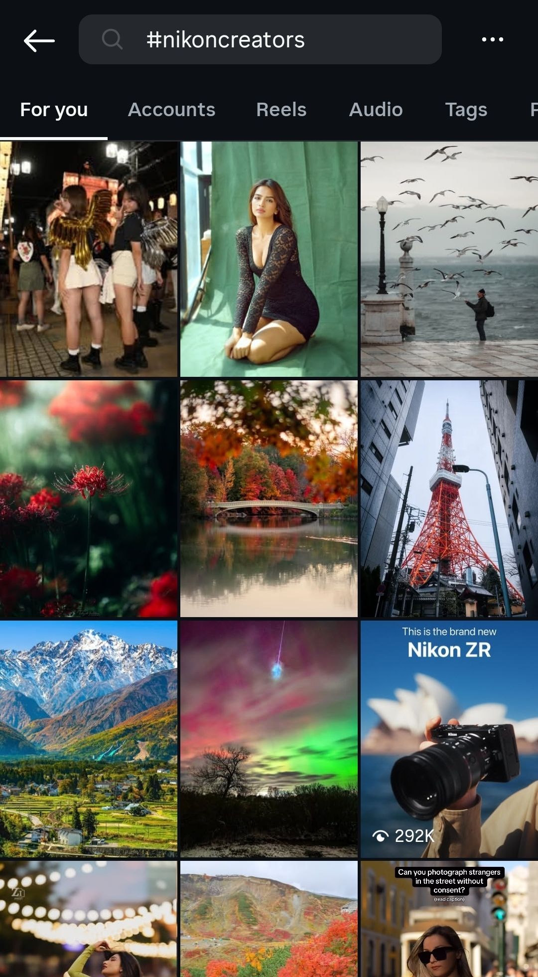 A grid of colorful photography showcasing landscapes, nature scenes and artistic shots on a social media feed.