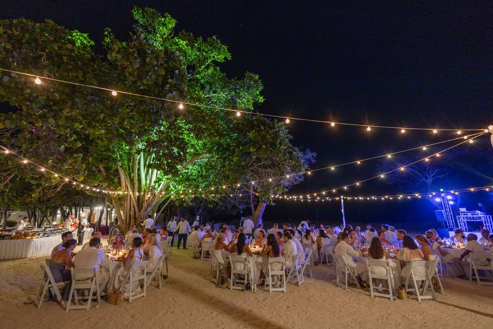 String lights illuminate an outdoor evening event with tables and chairs set up under trees.