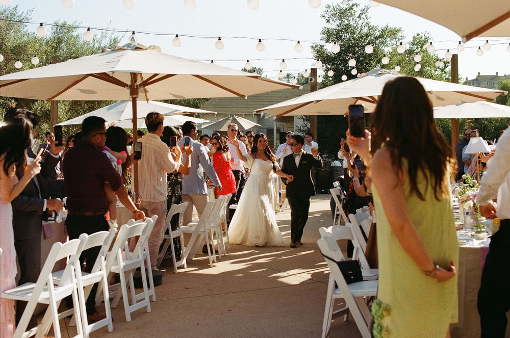 Orange County film photographer candid of wedding guests laughing and mingling during a sunny outdoor reception.
