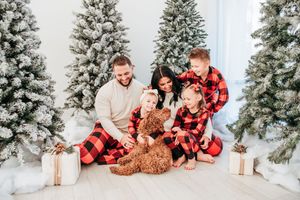 Family wearing matching buffalo plaid pajamas poses together in a winter wonderland holiday photo session.