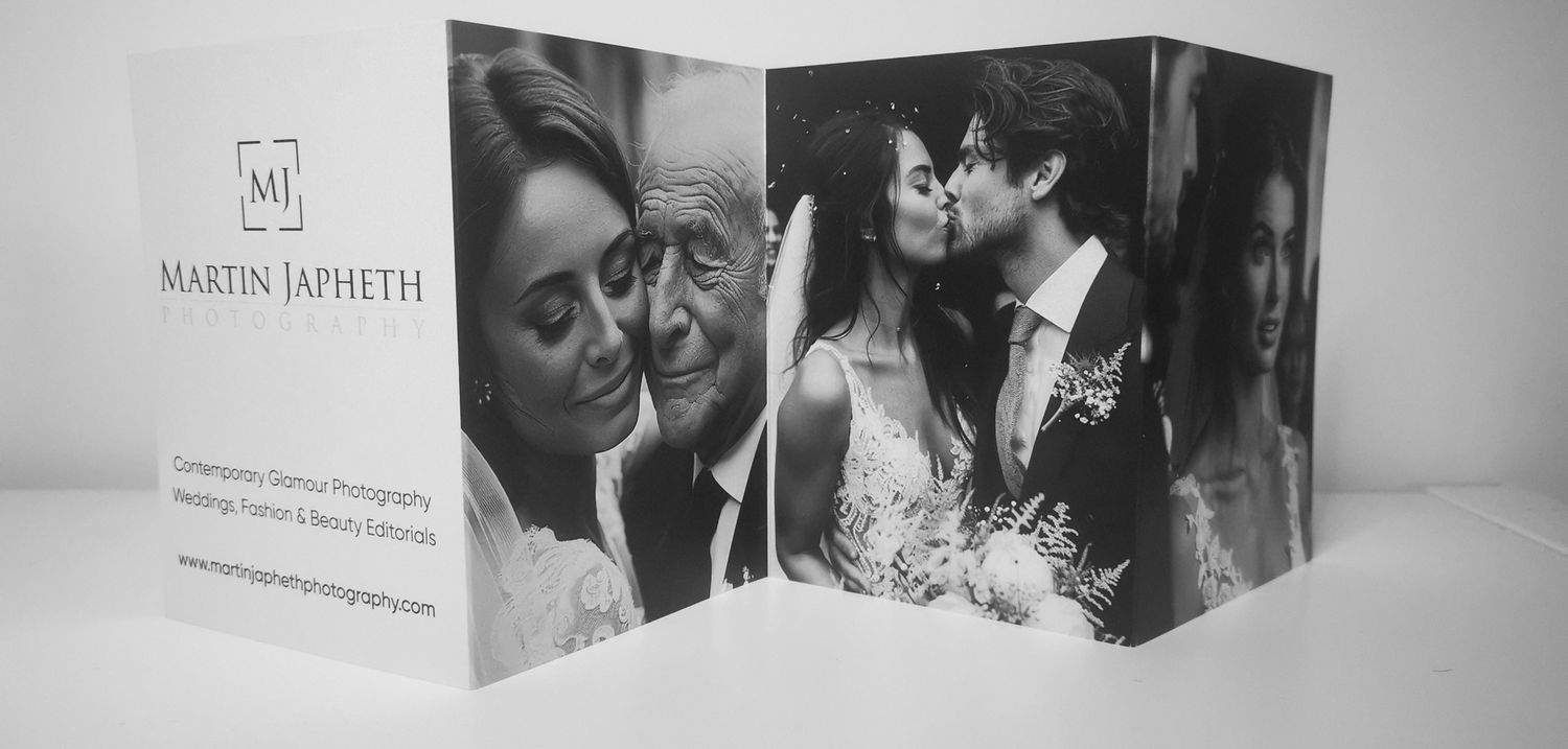 Monochrome accordion-style business card with wedding photography samples.