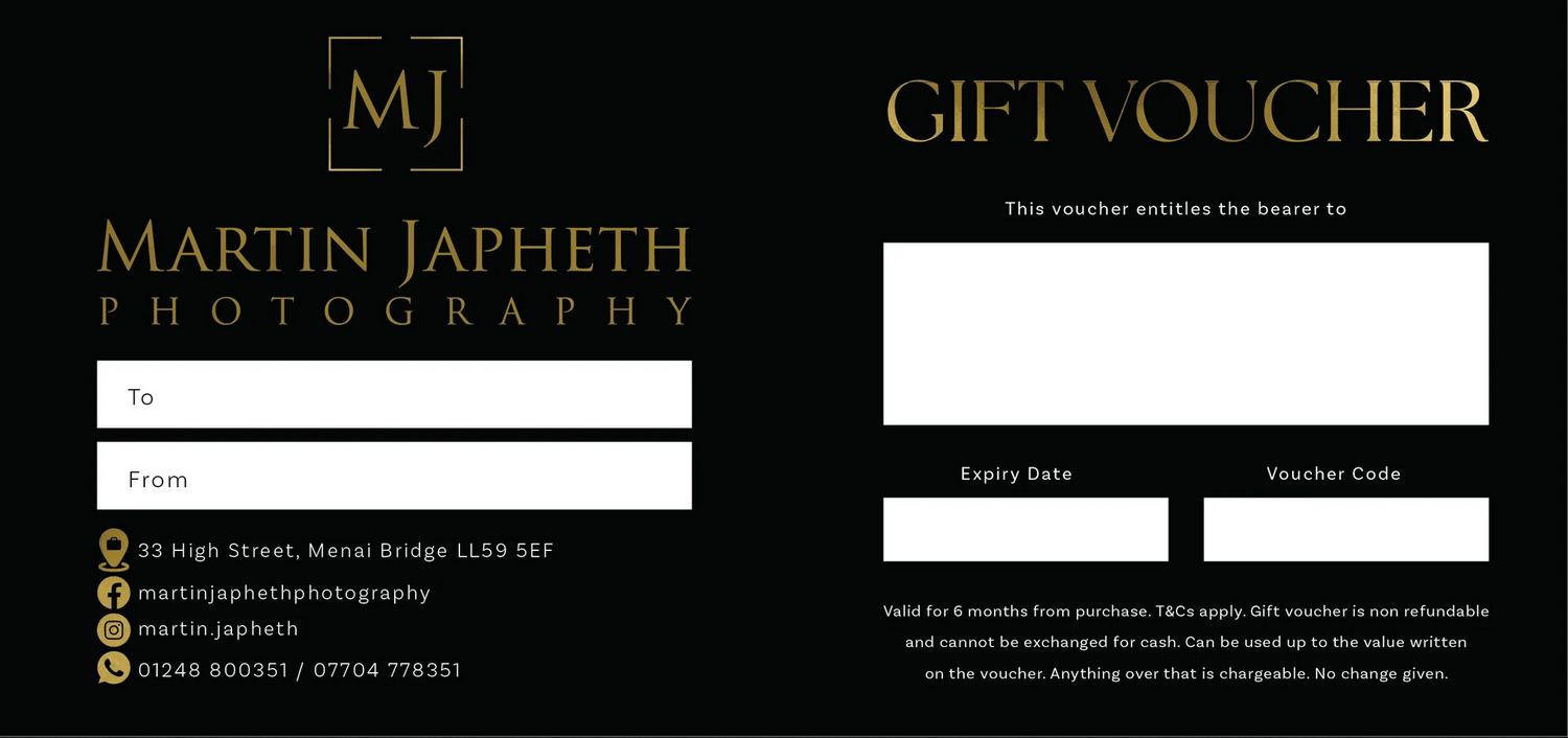 Elegant black and gold gift voucher design for Martin Japheth Photography.