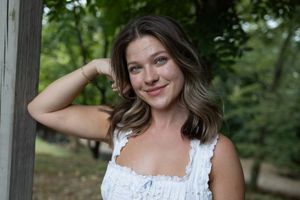 A series of casual portrait shots featuring someone in a white summer dress outdoors.