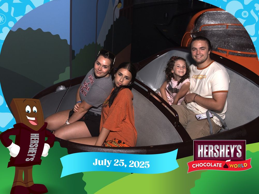 A collage of first-person photos shows someone opening and eating a Hershey's chocolate bar on July 25, 2025.