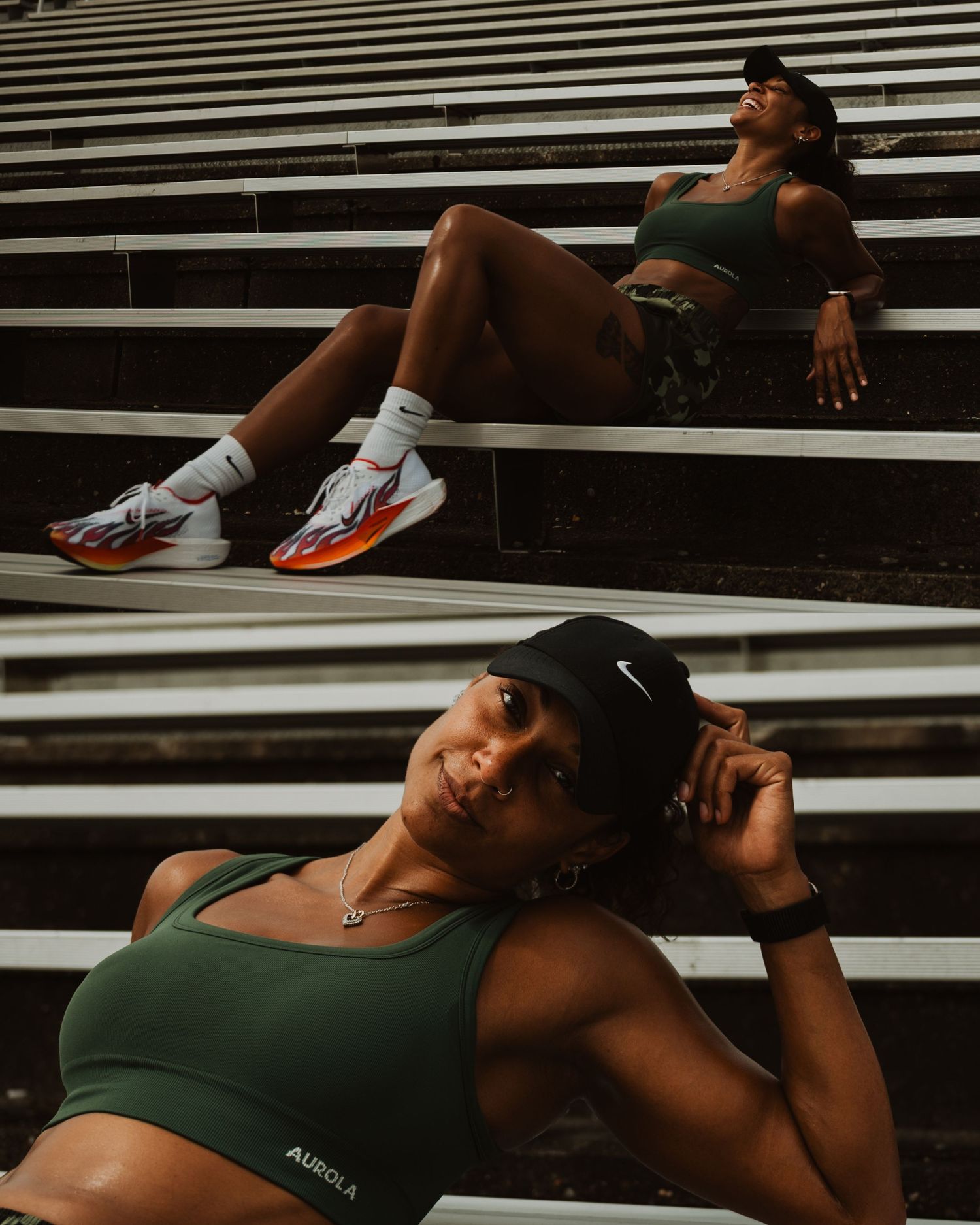A series of fitness shots showing an athlete resting and stretching on bleachers at a stadium.