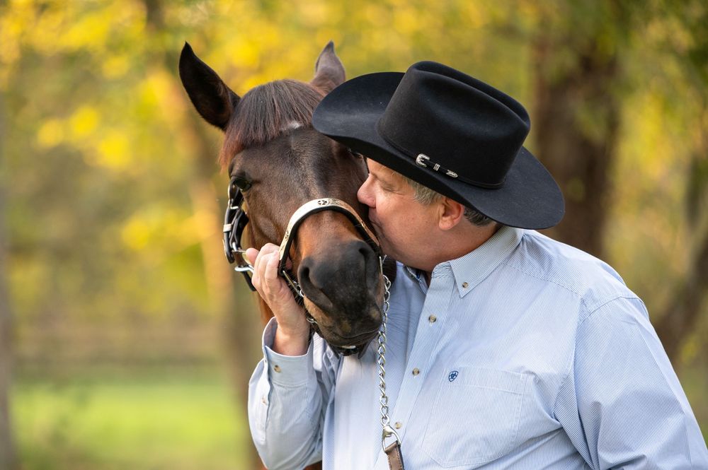 A tender moment between a brown horse and a person wearing a cowboy hat on an autumn day with yellow foliage background.