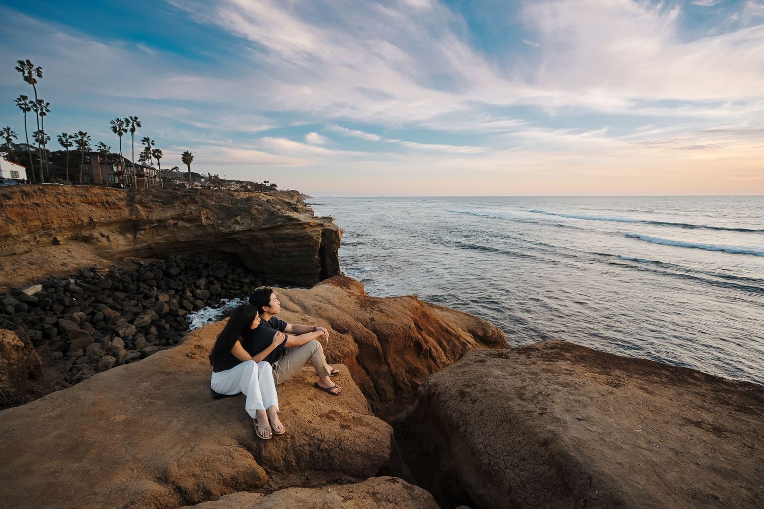 A scenic coastal photo series showing rocky cliffs, beach views and ocean waves at sunset along the California coastline.