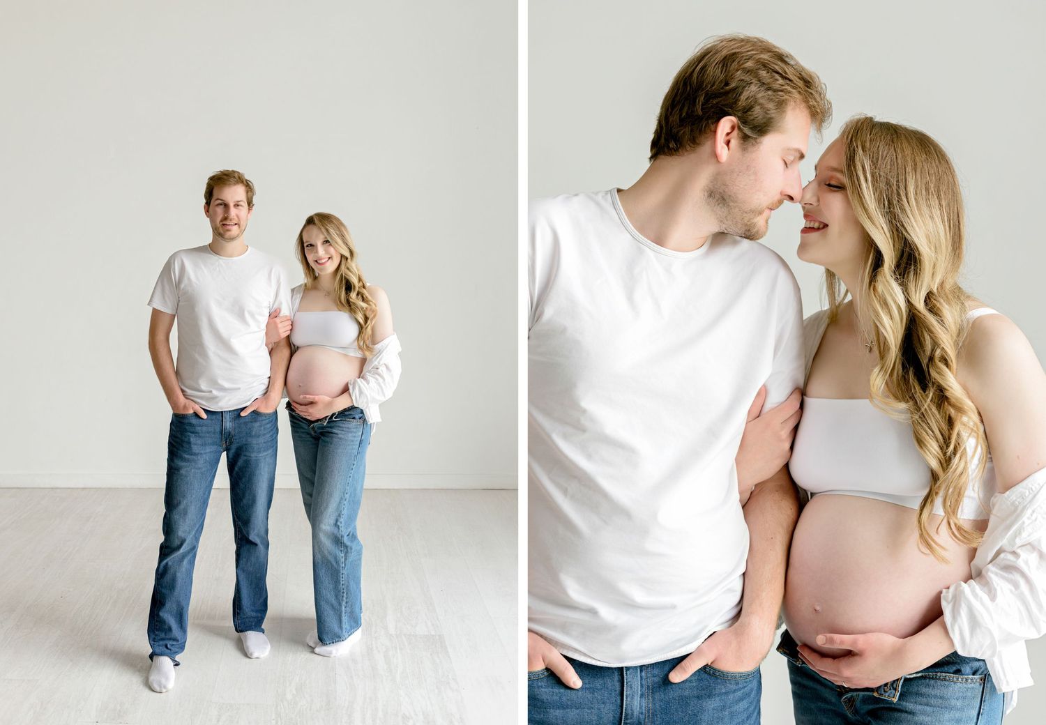 A couple in white shirts and jeans stands against a light background while sharing intimate moments in this photo series.