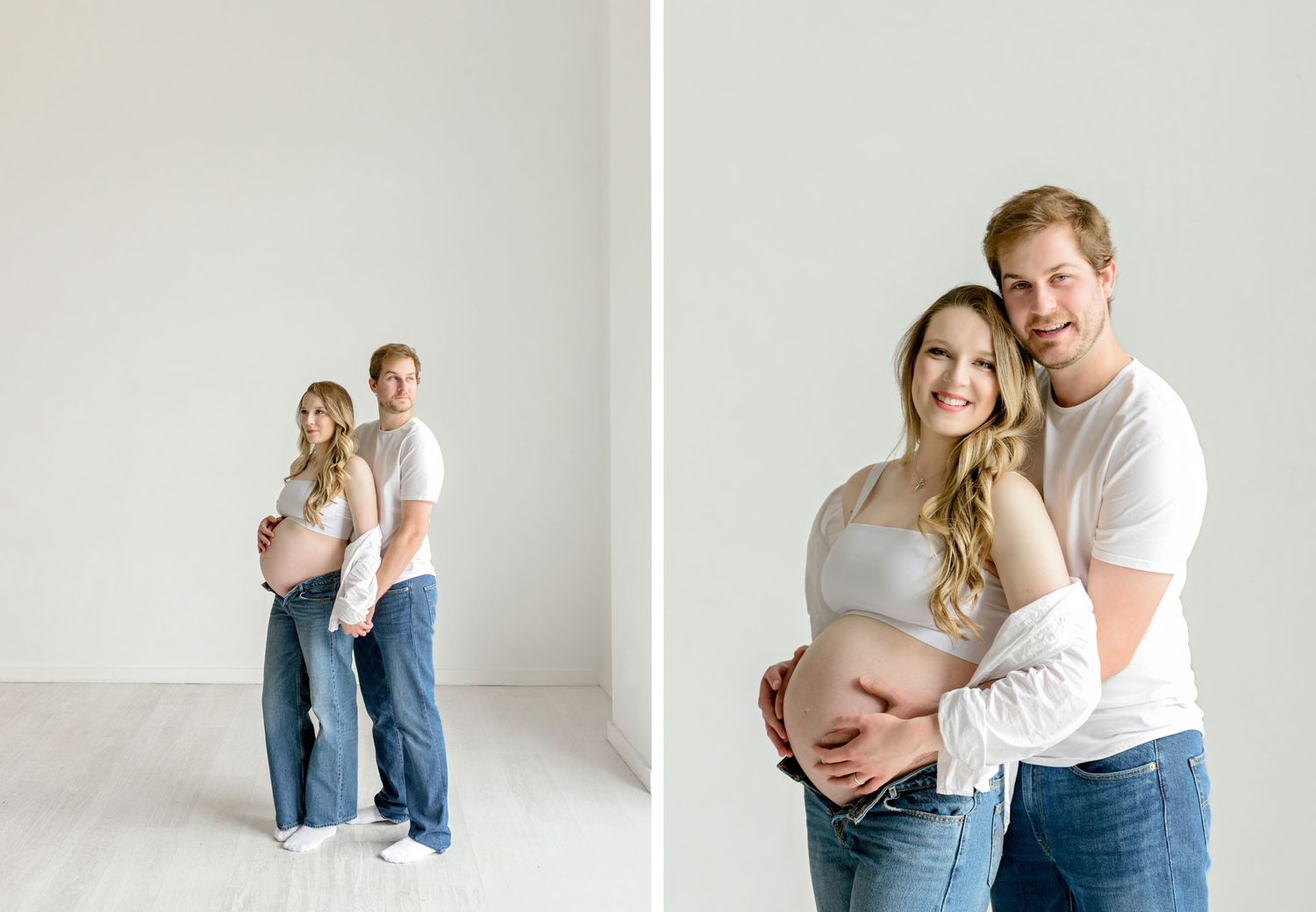 A couple embraces in a white studio wearing casual clothing in a series of romantic lifestyle portraits.