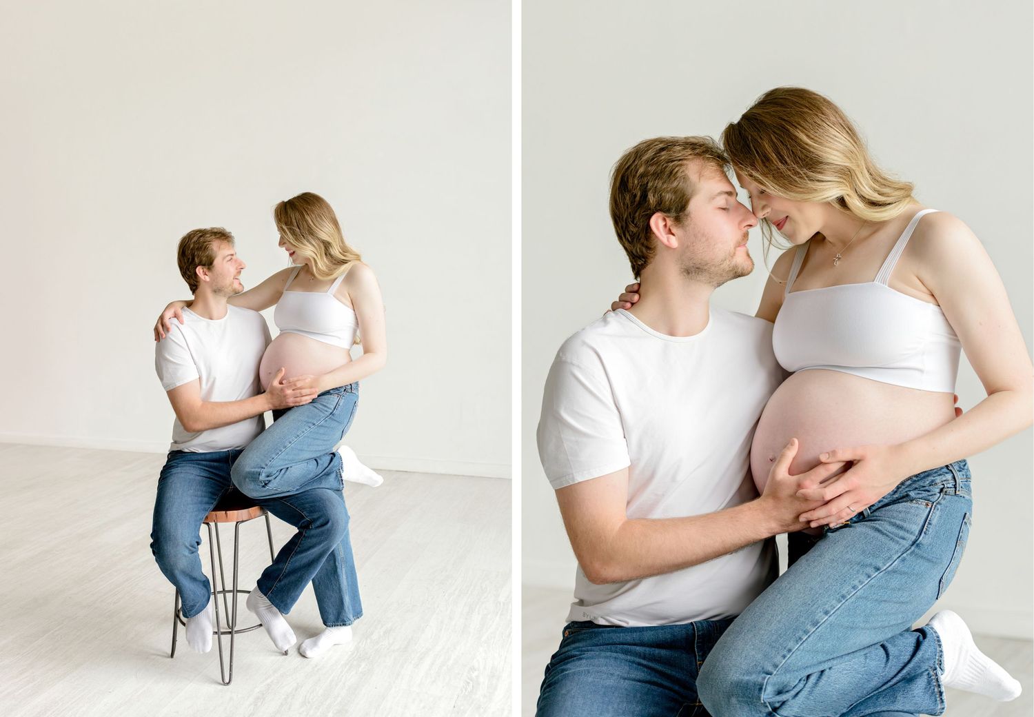 Series of pregnancy photos showing couple embracing while wearing white and denim in soft natural light.