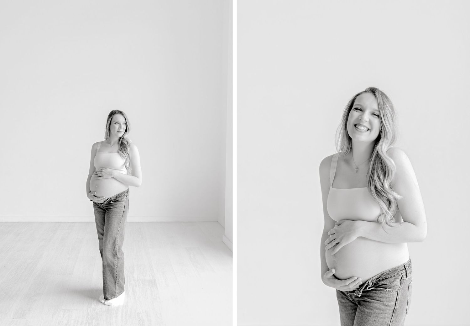 A series of minimalist black and white artistic portrait photographs set against a white seamless background.
