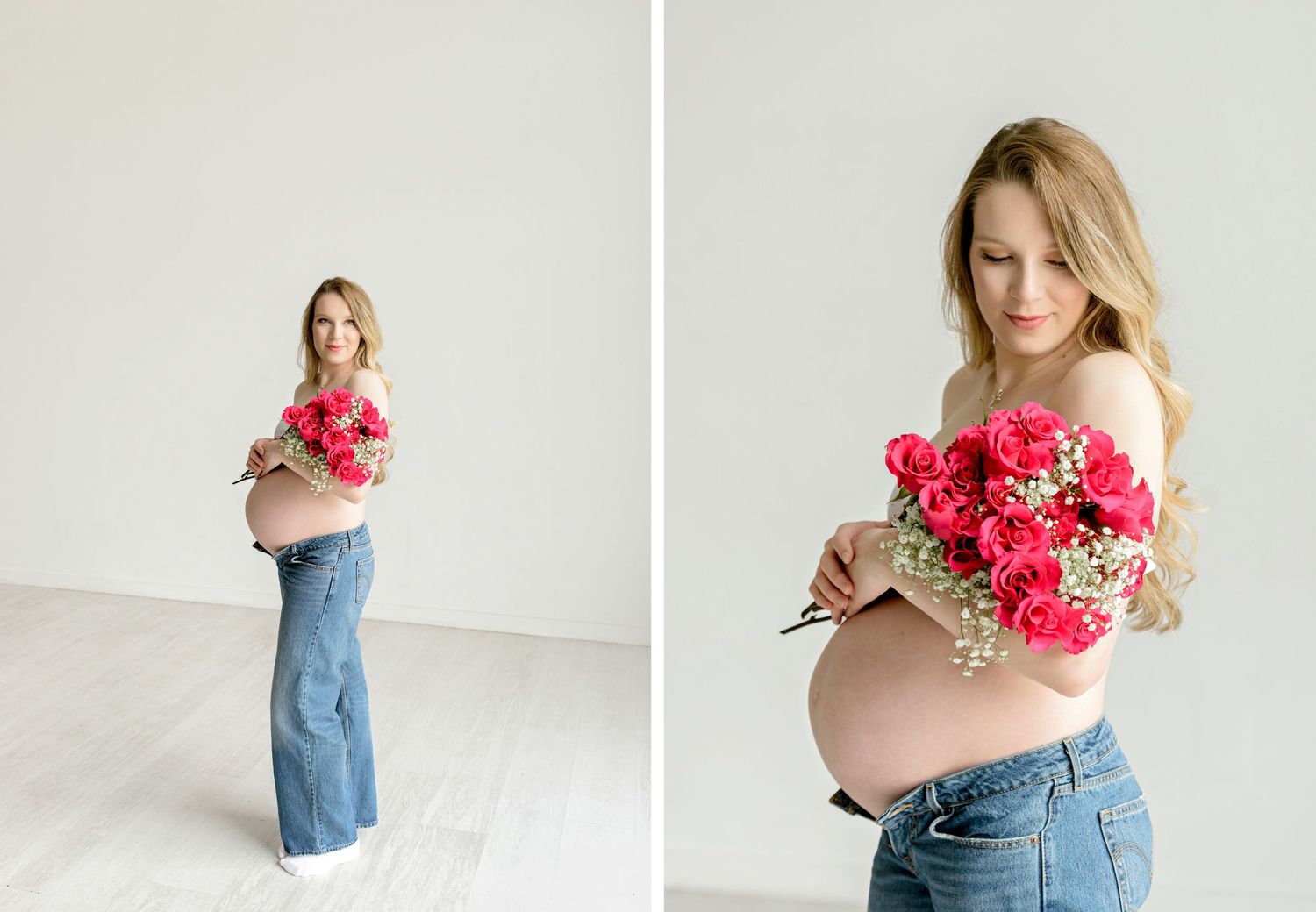 Two maternity photos showing someone in jeans holding vibrant pink flowers against a white studio backdrop.